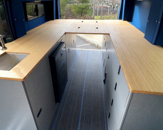 Interior view of a camper van conversion