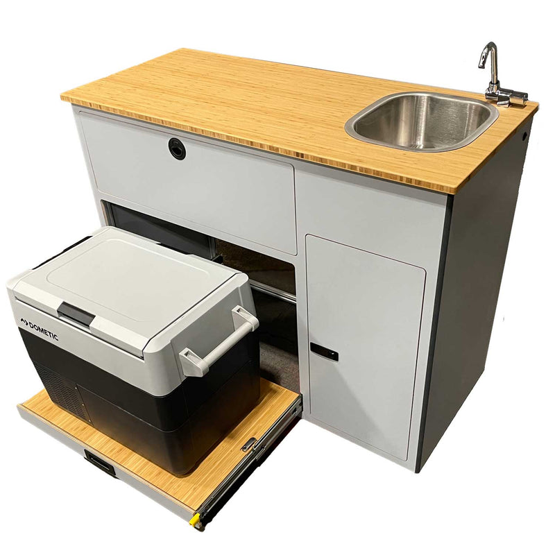 Load image into Gallery viewer, Van galley Wanderer 500lb cooler drawer bamboo countertop sink