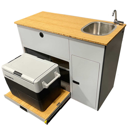 Van galley Wanderer 500lb cooler drawer bamboo countertop sink
