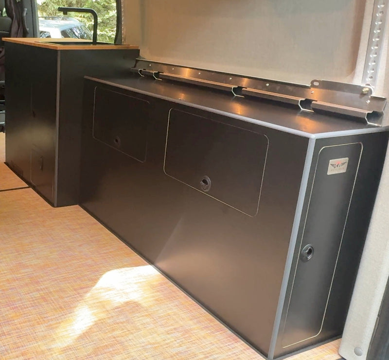 Load image into Gallery viewer, Compact 20 gallon water cabinet installed in van and connected to Oasis Galley
