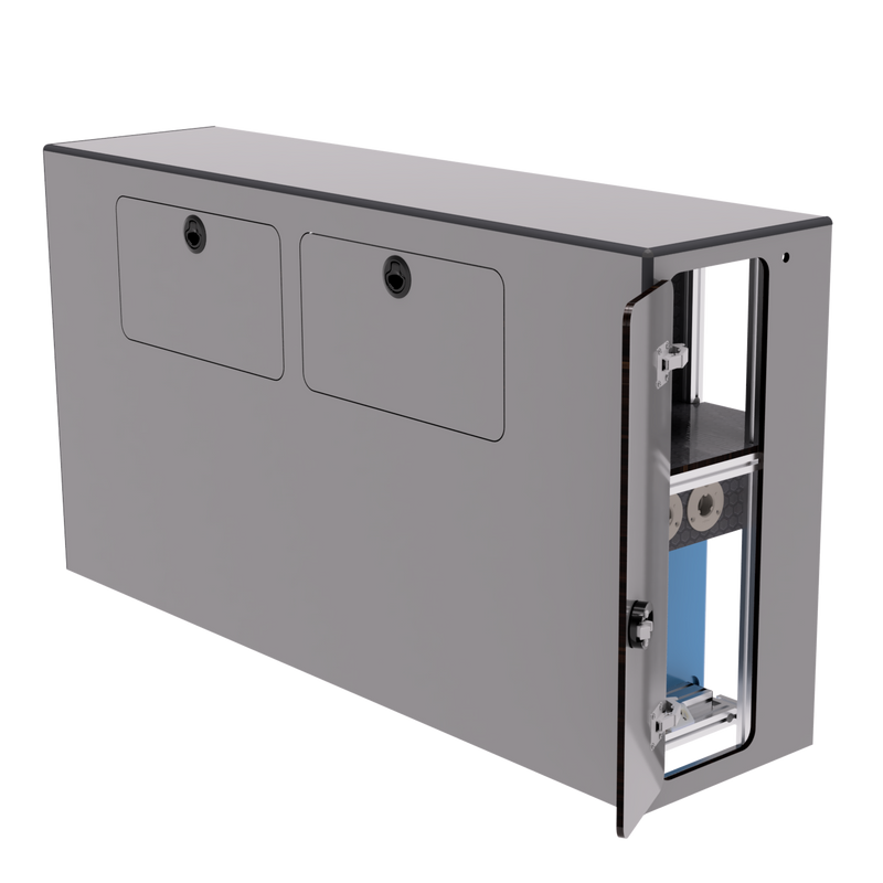 Load image into Gallery viewer, Compact water cabinet side view gear storage door open showing interior shelving and water tank access

