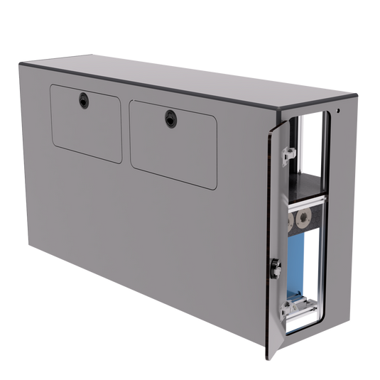 Compact water cabinet side view gear storage door open showing interior shelving and water tank access