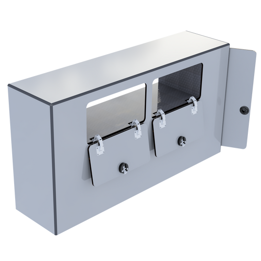 Water cabinet 20gal compact 3D render showing aluminum frame gear cabinets and water tank compartment