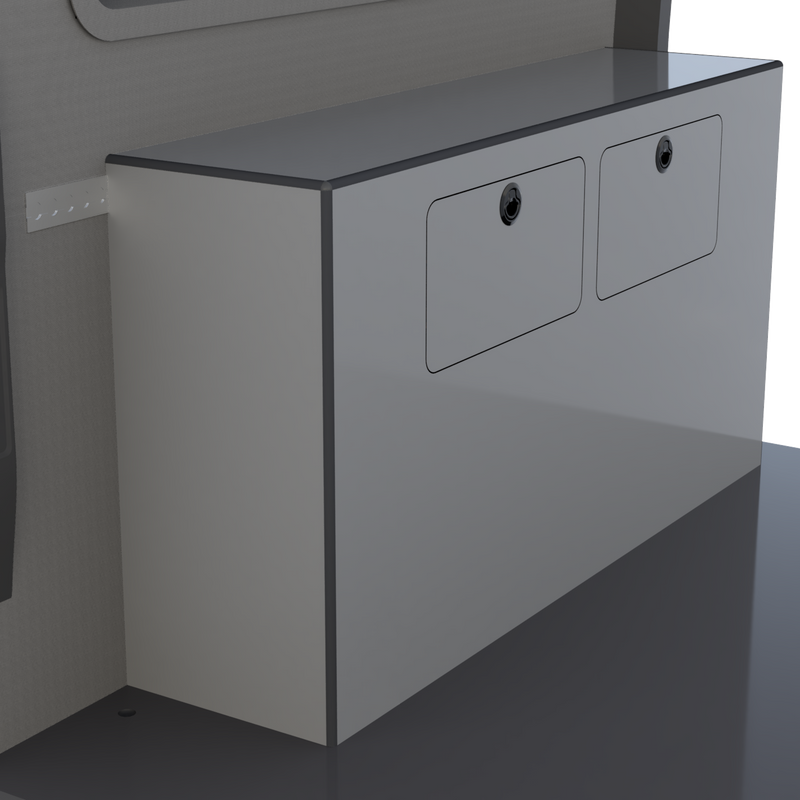 Load image into Gallery viewer, Compact 20 gallon water cabinet installed over wheel well in van with light gray panels gear storage above
